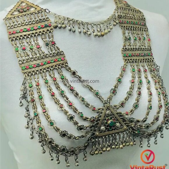 Multilayers Bib Necklace, Tribal Afghan Ethnic Handmade Kuchi Bib Necklace - Picture 2 of 8